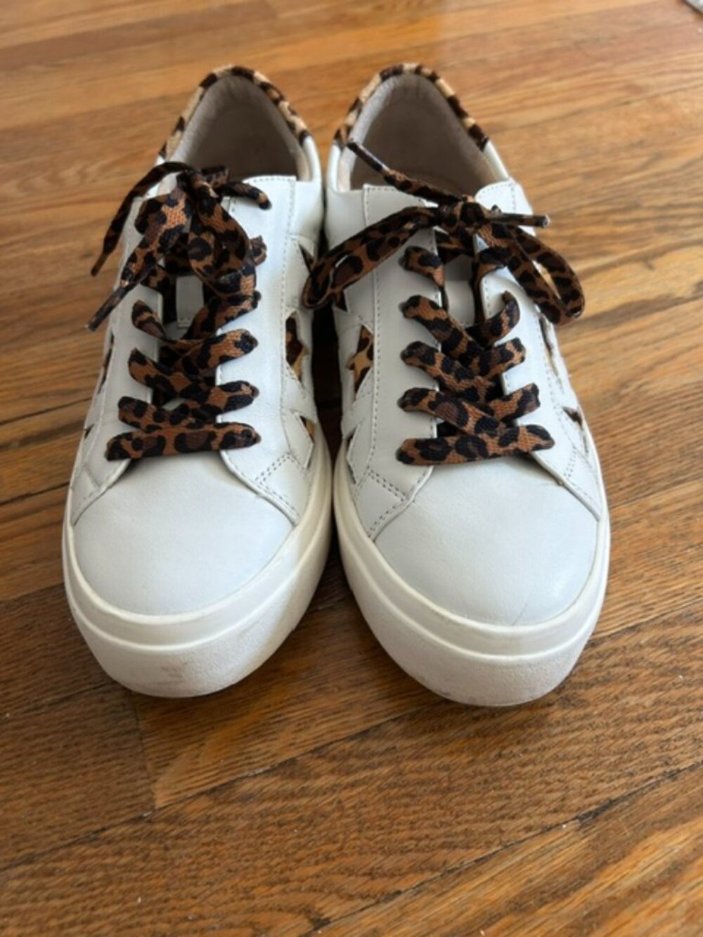 Vaneli Yolen White Nappa Leather Sneakers With Leopard Print Star Cutouts